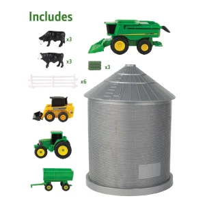 Manufacturer_ERTL Tractors | Implements<1/64 Big Farm 20-Piece Grain Bin Set with John Deere Combine, Tractor & Skid Steer