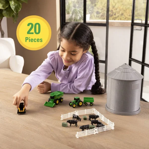 Manufacturer_ERTL Tractors | Implements<1/64 Big Farm 20-Piece Grain Bin Set with John Deere Combine, Tractor & Skid Steer