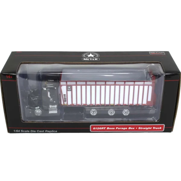 Manufacturer_SpecCast Implements<1/64 Black Peterbilt 385 w/ Red & White Meyer 8126RT Boss Forage Box
