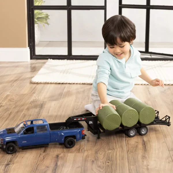 Manufacturer_ERTL Pickup Trucks<(B&D) - 1/16 ERTL Big Farm Blue Chevrolet Pickup Truck with Trailer & 6 Round Bales - Damaged Item