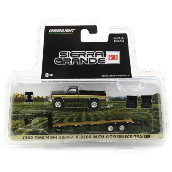 Manufacturer_Greenlight Collectibles Pickup Trucks<(B&D) 1/64 1982 GMC High Sierra K-2500 with Gooseneck Trailer, Midwest Diecast Exclusive - Damaged Item