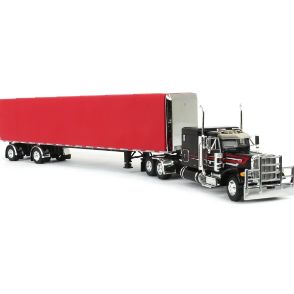 Manufacturer_DCP by First Gear Lowboys & Flatbeds<1/64 Black & Red Peterbilt 379 63in Flattop Sleeper with 53ft Utility Roll Tarp Trailer, DCP by First Gear
