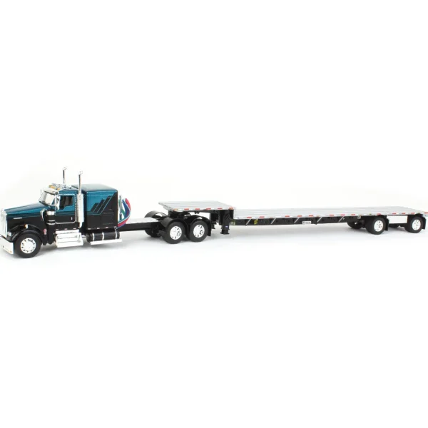 Manufacturer_DCP by First Gear Lowboys & Flatbeds<1/64 Black & Teal Kenworth W900L Long Frame with Transcraft Stepdeck Trailer, DCP by First Gear