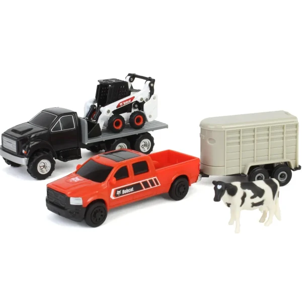 Manufacturer_ERTL Loaders | Pickup Trucks<1/64 Bobcat 5 Piece Construction Set with Rollback, Livestock Trailer, Cow & More!