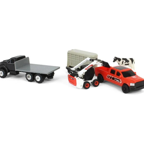 Manufacturer_ERTL Loaders | Pickup Trucks<1/64 Bobcat 5 Piece Construction Set with Rollback, Livestock Trailer, Cow & More!