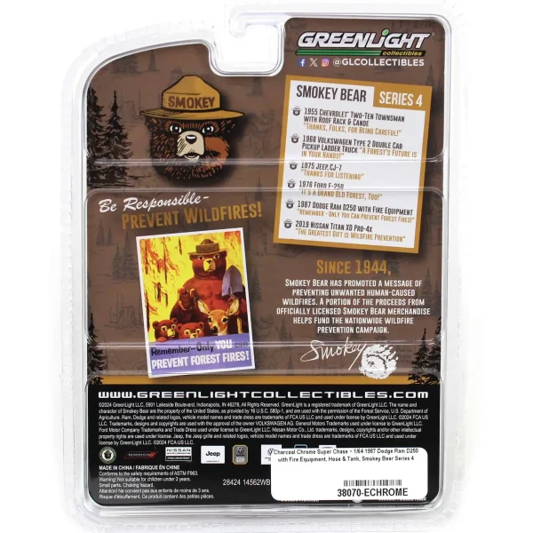 Manufacturer_Greenlight Collectibles Cars & Suvs | Pickup Trucks<Charcoal Chrome Super Chase ~ 1/64 1987 Dodge Ram D250 with Fire Equipment, Hose & Tank, Smokey Bear Series 4