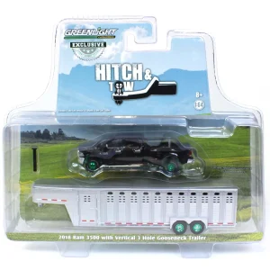 Manufacturer_Greenlight Collectibles Agricultural Trucks<Chase Unit ~ 1/64 2018 Ram 3500, Black with Polished Aluminum 3 Hole Gooseneck Livestock Trailer