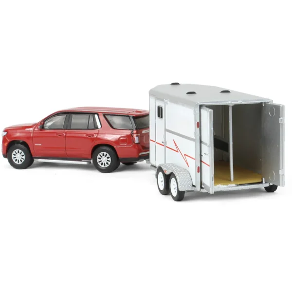 Manufacturer_Greenlight Collectibles Agricultural Trucks<1/64 Cherry Red 2021 Chevrolet Tahoe with Horse Trailer, Hitch & Tow Series 23