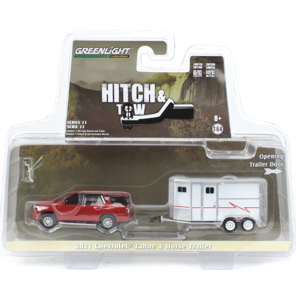 Manufacturer_Greenlight Collectibles Agricultural Trucks<1/64 Cherry Red 2021 Chevrolet Tahoe with Horse Trailer, Hitch & Tow Series 23