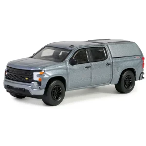 Manufacturer_Greenlight Collectibles Pickup Trucks<1/64 2023 Chevrolet Silverado 1500 Custom with Camper Shell, Sterling Gray, Blue Collar Series 13