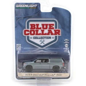 Manufacturer_Greenlight Collectibles Pickup Trucks<1/64 2023 Chevrolet Silverado 1500 Custom with Camper Shell, Sterling Gray, Blue Collar Series 13