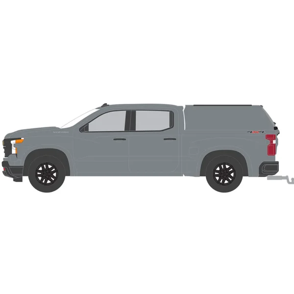 Manufacturer_Greenlight Collectibles Pickup Trucks<1/64 2023 Chevrolet Silverado 1500 Custom with Camper Shell, Sterling Gray, Blue Collar Series 13