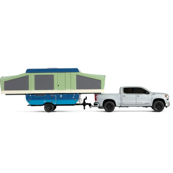 Manufacturer_Greenlight Collectibles Pickup Trucks<1/64 2024 Chevrolet Silverado High Country with Pop-Up Camper, Sterling Gray, Hitch & Tow Series 32