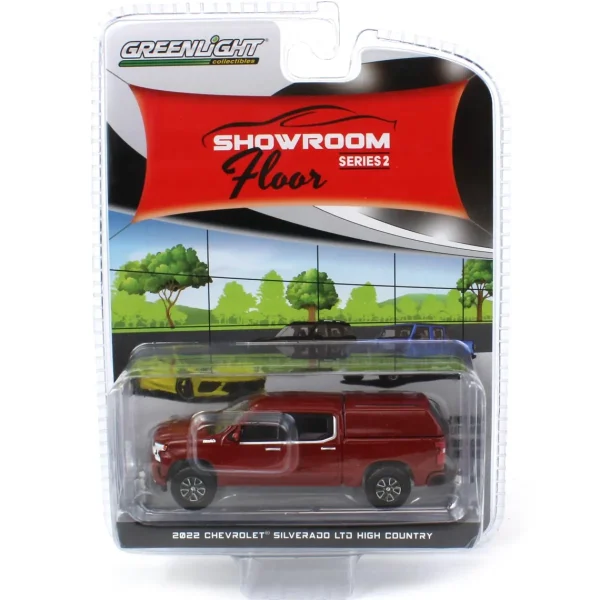 Manufacturer_Greenlight Collectibles Pickup Trucks<1/64 2022 Chevrolet Silverado LTD High Country with Camper Shell, Cherry Red, Showroom Floor Series 2