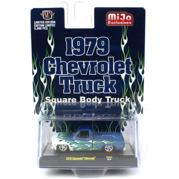 Manufacturer_Greenlight Collectibles Pickup Trucks<1/64 1979 Chevrolet Silverado Pickup Blue with Flames, M2 Machine MIJO Exclusive