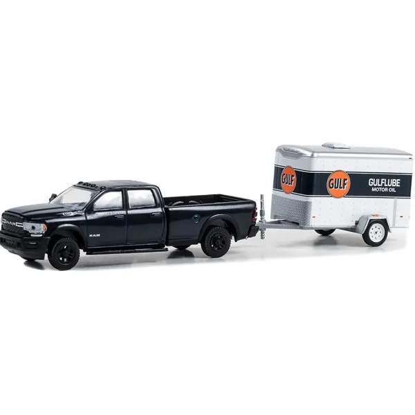 Manufacturer_Greenlight Collectibles Pickup Trucks<1/64 2023 Dodge Ram 2500 Gulf Oil with Small Gulftube Motor Oil Cargo Trailer, Hitch & Tow Series 29