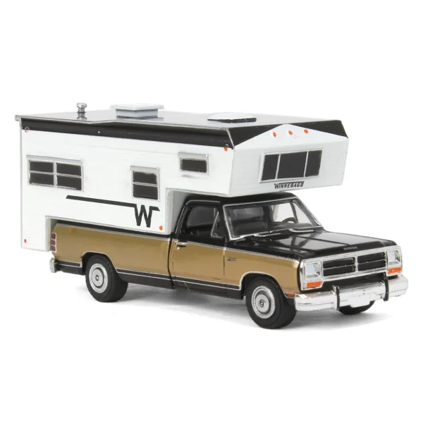 Manufacturer_Greenlight Collectibles Pickup Trucks<1/64 1990 Dodge Ram D-250 Royal SE with Winnebago Camper, Black and Sand
