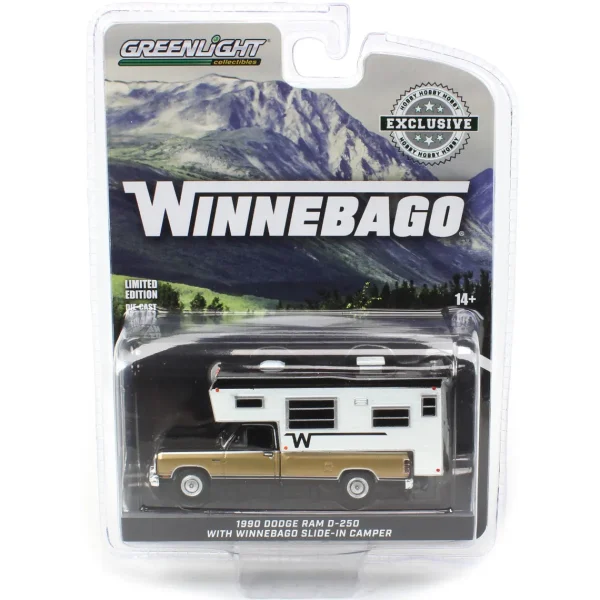 Manufacturer_Greenlight Collectibles Pickup Trucks<1/64 1990 Dodge Ram D-250 Royal SE with Winnebago Camper, Black and Sand