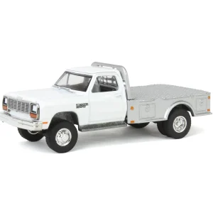 Manufacturer_Greenlight Collectibles Lowboys & Flatbeds | Pickup Trucks<1/64 1985 Dodge Ram W350 Dually Flatbed Pickup Truck, White with Silver Flatbed, Diecast Direct Exclusive