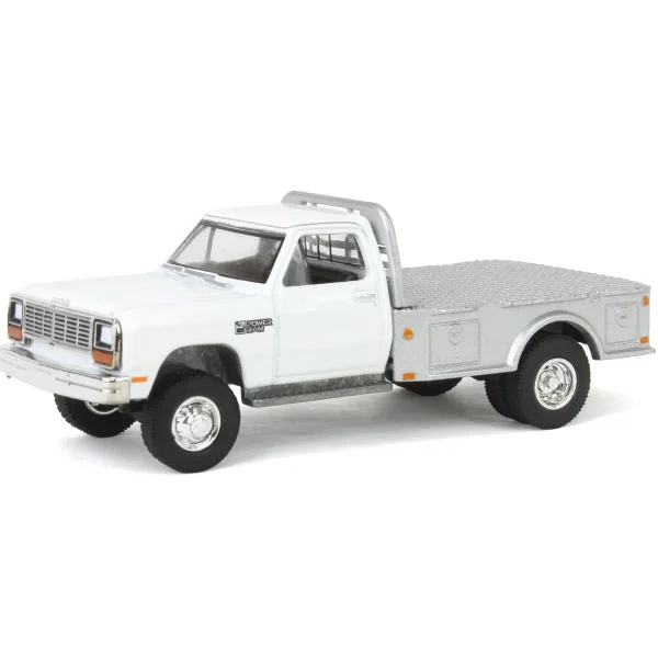 Manufacturer_Greenlight Collectibles Lowboys & Flatbeds | Pickup Trucks<1/64 1985 Dodge Ram W350 Dually Flatbed Pickup Truck, White with Silver Flatbed, Diecast Direct Exclusive