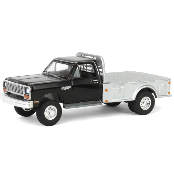Manufacturer_Greenlight Collectibles Lowboys & Flatbeds | Pickup Trucks<1/64 1985 Dodge Ram W350 Dually Flatbed Pickup Truck, Black with Silver Flatbed, Diecast Direct Exclusive