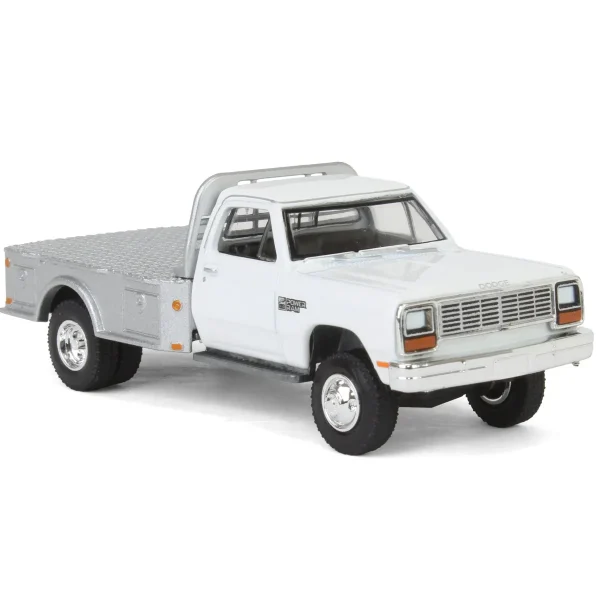 Manufacturer_Greenlight Collectibles Lowboys & Flatbeds | Pickup Trucks<1/64 1985 Dodge Ram W350 Dually Flatbed Pickup Truck, White with Silver Flatbed, Diecast Direct Exclusive