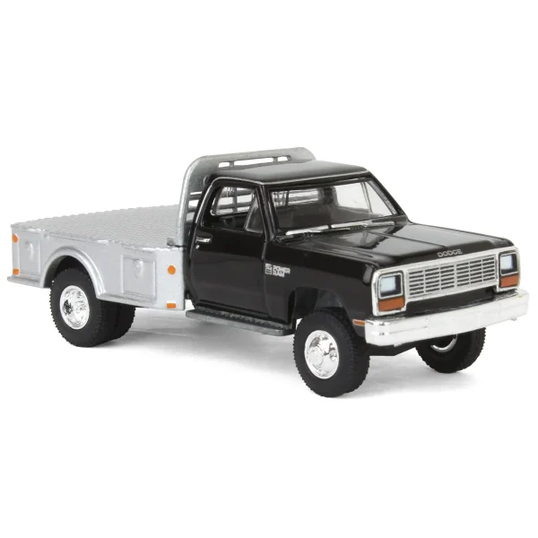 Manufacturer_Greenlight Collectibles Lowboys & Flatbeds | Pickup Trucks<1/64 1985 Dodge Ram W350 Dually Flatbed Pickup Truck, Black with Silver Flatbed, Diecast Direct Exclusive