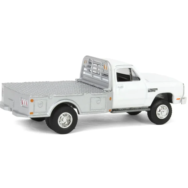Manufacturer_Greenlight Collectibles Lowboys & Flatbeds | Pickup Trucks<1/64 1985 Dodge Ram W350 Dually Flatbed Pickup Truck, White with Silver Flatbed, Diecast Direct Exclusive