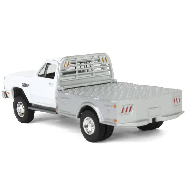 Manufacturer_Greenlight Collectibles Lowboys & Flatbeds | Pickup Trucks<1/64 1985 Dodge Ram W350 Dually Flatbed Pickup Truck, White with Silver Flatbed, Diecast Direct Exclusive