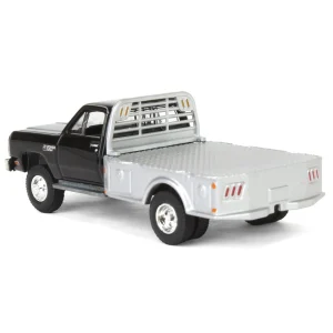 Manufacturer_Greenlight Collectibles Lowboys & Flatbeds | Pickup Trucks<1/64 1985 Dodge Ram W350 Dually Flatbed Pickup Truck, Black with Silver Flatbed, Diecast Direct Exclusive