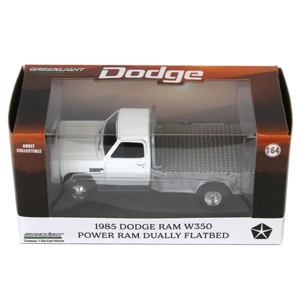 Manufacturer_Greenlight Collectibles Lowboys & Flatbeds | Pickup Trucks<1/64 1985 Dodge Ram W350 Dually Flatbed Pickup Truck, White with Silver Flatbed, Diecast Direct Exclusive