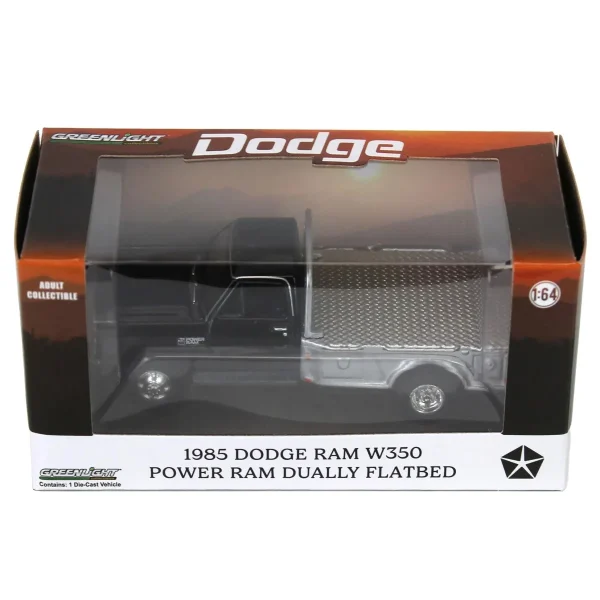 Manufacturer_Greenlight Collectibles Lowboys & Flatbeds | Pickup Trucks<1/64 1985 Dodge Ram W350 Dually Flatbed Pickup Truck, Black with Silver Flatbed, Diecast Direct Exclusive