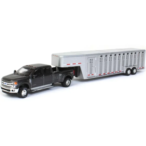 Manufacturer_Greenlight Collectibles Agricultural Trucks<1/64 2019 Ford F-350, Magnetic Silver with Silver 3 Hole Gooseneck Livestock Trailer