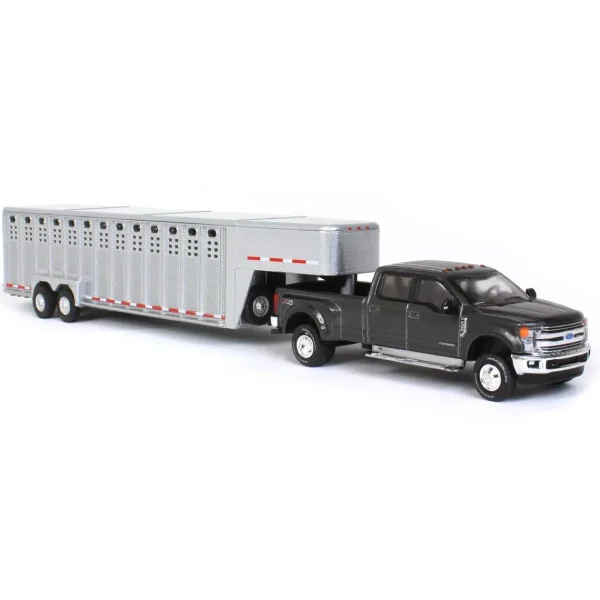 Manufacturer_Greenlight Collectibles Agricultural Trucks<1/64 2019 Ford F-350, Magnetic Silver with Silver 3 Hole Gooseneck Livestock Trailer