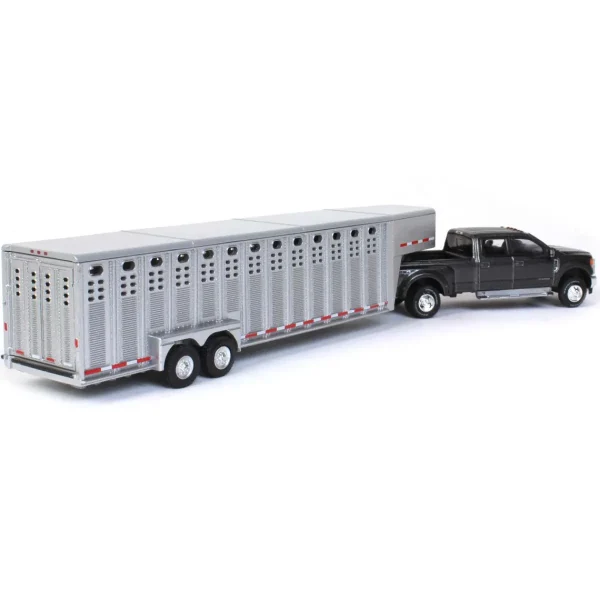 Manufacturer_Greenlight Collectibles Agricultural Trucks<1/64 2019 Ford F-350, Magnetic Silver with Silver 3 Hole Gooseneck Livestock Trailer