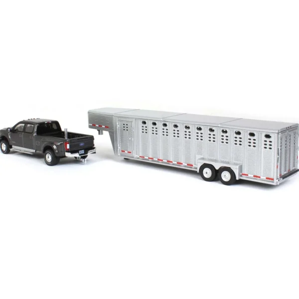 Manufacturer_Greenlight Collectibles Agricultural Trucks<1/64 2019 Ford F-350, Magnetic Silver with Silver 3 Hole Gooseneck Livestock Trailer