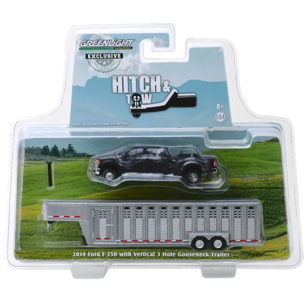 Manufacturer_Greenlight Collectibles Agricultural Trucks<1/64 2019 Ford F-350, Magnetic Silver with Silver 3 Hole Gooseneck Livestock Trailer
