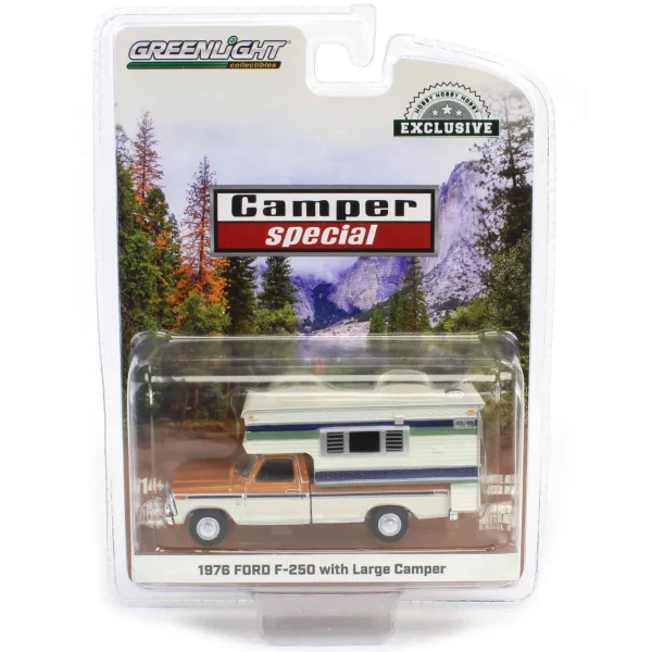Manufacturer_Greenlight Collectibles Pickup Trucks<1/64 1976 Ford F-250 with Large Camper, Nectarine Poly and White
