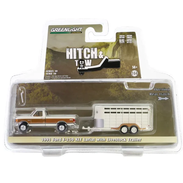Manufacturer_Greenlight Collectibles Agricultural Trucks<1/64 1991 Ford F-250 XLT Lariat with Livestock Trailer, Hitch & Tow Series 30