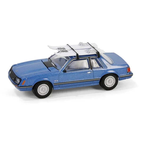 Manufacturer_Greenlight Collectibles Cars & Suvs<1/64 1981 Ford Mustang Ghia Coupe with Ski Roof Rack, Medium Blue Glow, Hobby Exclusive
