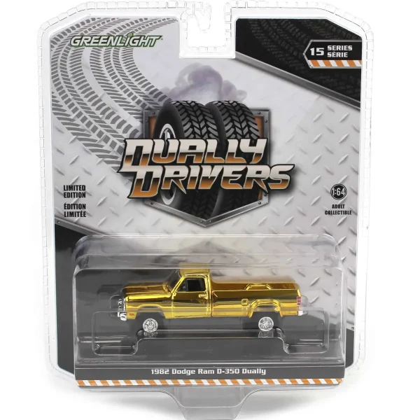 Manufacturer_Greenlight Collectibles Cars & Suvs | Pickup Trucks<Gold Chrome Super Chase ~ 1/64 1982 Dodge Ram D350 Dually, Construction Yellow, Dually Drivers Series 15