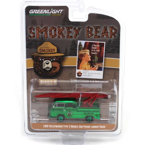 Manufacturer_Greenlight Collectibles Cars & Suvs | Pickup Trucks<Green Chrome Super Chase ~ 1/64 1968 Volkswagen Type 2 Double Cab Pickup Ladder Truck, Smokey Bear Series 4