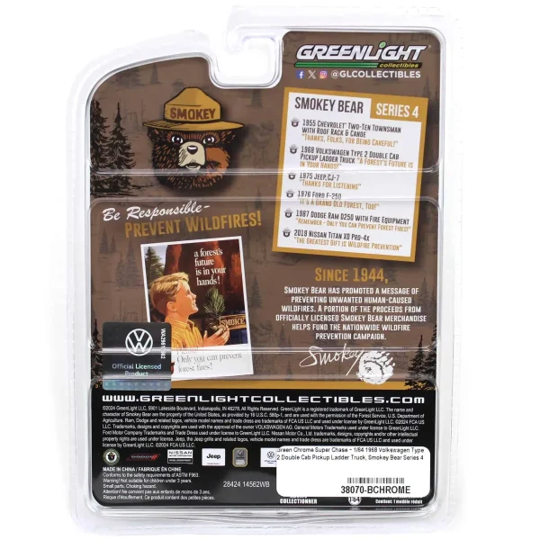 Manufacturer_Greenlight Collectibles Cars & Suvs | Pickup Trucks<Green Chrome Super Chase ~ 1/64 1968 Volkswagen Type 2 Double Cab Pickup Ladder Truck, Smokey Bear Series 4