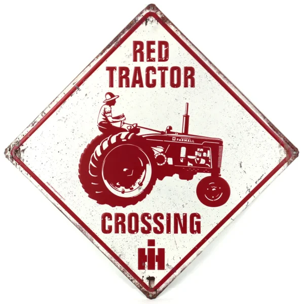 Outback Toys Branded Signs<IH Farmall Distressed Vintage Red Tractor Crossing Tin Sign, 14in x 14in