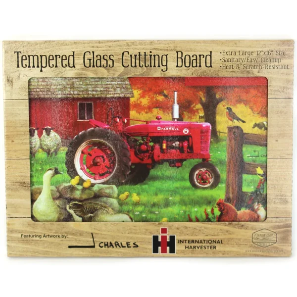 Outback Toys Kitchen<IH Farmall Super M Tractor with Animals Glass Cutting Board, 15.5in x 11.75in
