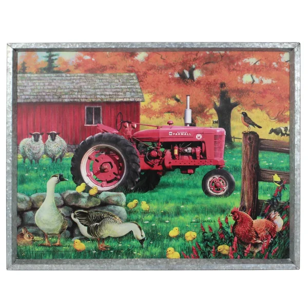 Outback Toys Branded Signs<IH Farmall Tractor with Animals MDF Wood Sign in Metal Frame, 20in x 16in