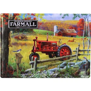 Outback Toys Branded Signs<IH McCormick-Deering Farmall F Series Tractor in Fall Farm Scene Embossed Metal Sign, 16.75in x 12in