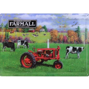 Outback Toys Branded Signs<IH McCormick-Deering Farmall Tractor with Cows Embossed Metal Sign, 16.75in x 12in