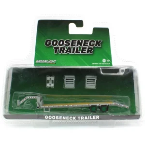 Manufacturer_Greenlight Collectibles Lowboys & Flatbeds<1/64 Primer Gray Gooseneck Trailer with Red & White Conspicuity Stripes - Green Machine