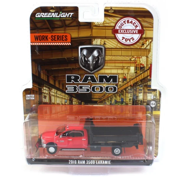 Manufacturer_Greenlight Collectibles Dump Trucks<1/64 2018 Ram 3500 Dually, Red with Black Dump Bed & Plow, Outback Toys Exclusive